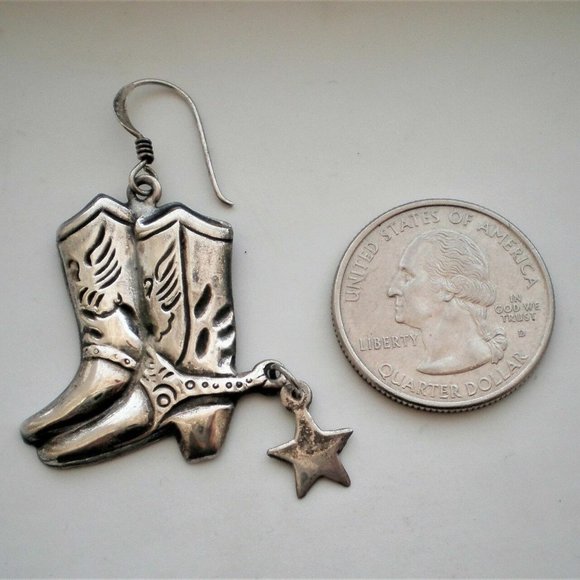 Designer Sterling Silver 925 Western Cowgirl Boot Boots Dangle Drop Earrings - Picture 2 of 4